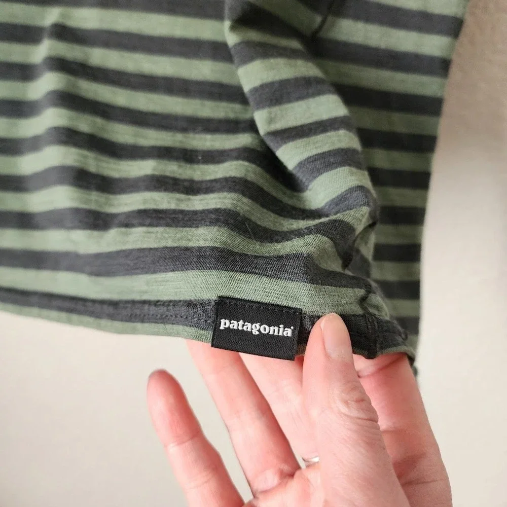 PATAGONIA‎ Merino Wool Striped Polo Shirt Green Outdoor Core Size L